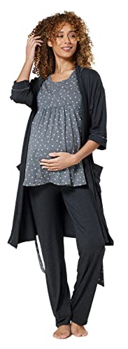 HAPPY MAMA Damen Mutterschaft Pyjama-Set/Hose/Top/Morgenmantel 558p (Graphitmelange & Graphitmelange mit Punkten, 36, S) von HAPPY MAMA