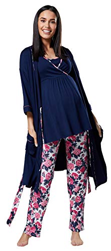 HAPPY MAMA Damen Mutterschaft Pyjama-Set/Hose/Top/Morgenmantel 558p (Marine und Ecru mit Blumen, 36, S) von HAPPY MAMA