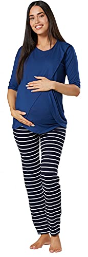 HAPPY MAMA Damen Umstands Pyjama Stillfunktion Halbe Ärmel Frequenzweiche 1021 (Blaugrau & Marine mit Streifen, 44-46, 2XL) von HAPPY MAMA