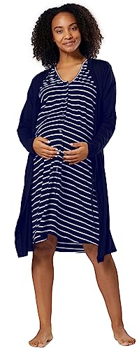 HAPPY MAMA Damen Umstands Stillnachthemd Morgenmantel Set Stillfunktion 1009 (Marineblau und Marineblau mit weißen Streifen, 36-38, XS) von HAPPY MAMA