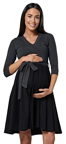 HAPPY MAMA Damen Umstandskleid Stillkleid 3/4 Ärmel 525 (Graphit Melange & Schwarz, 40-42, L) von HAPPY MAMA