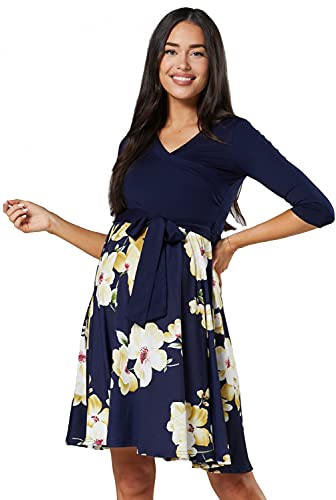 HAPPY MAMA Damen Umstandskleid Stillkleid 3/4 ?rmel 525 (Marine & Gelbe Blumen, 36-38, S) von HAPPY MAMA