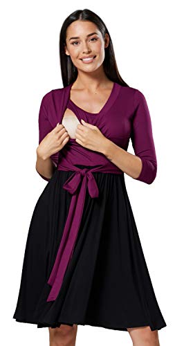 HAPPY MAMA Damen Umstandskleid Stillkleid 3/4 ?rmel 525 (Pflaume & Schwarz, 36-38, S) von HAPPY MAMA