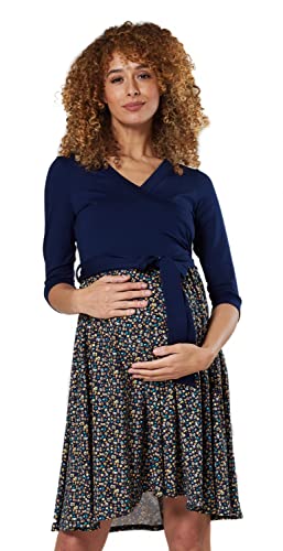 HAPPY MAMA Damen Umstandskleid Stillkleid 3/4 ?rmel 525 (Marinenblau mit Kleinen Gelben Blumen, 44-46, 2XL) von HAPPY MAMA