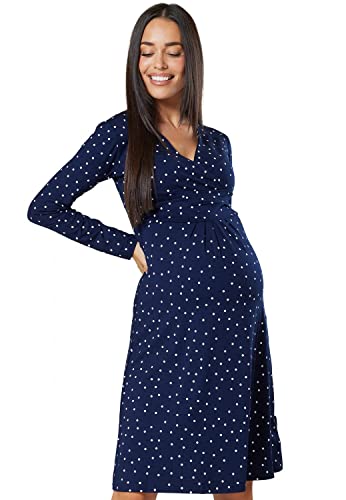 HAPPY MAMA Damen Viskosejersey Umstandskleid Schwangerschafts Kleid Langarm 890p (Marine mit kleinen weißen Punkten, 38, M) von HAPPY MAMA