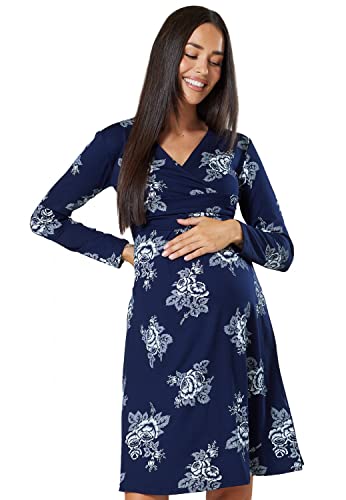 HAPPY MAMA Damen Viskosejersey Umstandskleid Schwangerschafts Kleid Langarm 890p (Marine & Weiße Blumen, 38, M) von HAPPY MAMA