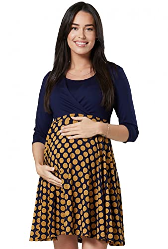 HAPPY MAMA. Damen 2in1 Umstands gerafften Stillkleid Skaterkleid 3/4 Ärmel. 603p (Marine à pois Moutarde, 44, 2XL) von HAPPY MAMA