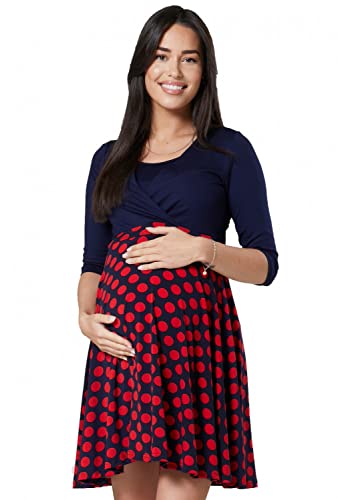 HAPPY MAMA. Damen 2in1 Umstands gerafften Stillkleid Skaterkleid 3/4 Ärmel. 603p (Marineblau mit Großen Roten Punkten, 38, M) von HAPPY MAMA