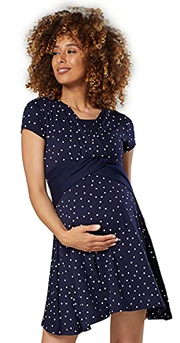 HAPPY MAMA. Damen 2in1 Umstands gerafften Stillkleid Skaterkleid Kurz Ärmel 605p (Marine mit kleinen weißen Punkten, 40, L) von HAPPY MAMA