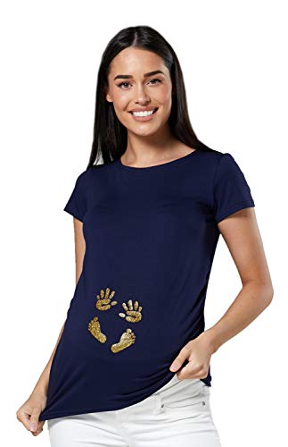 HAPPY MAMA. Damen Baby Hände Fußabdruck T-Shirt Top Oberteil Schwangere. 013p (Marine, EU 42/44, XL) von HAPPY MAMA