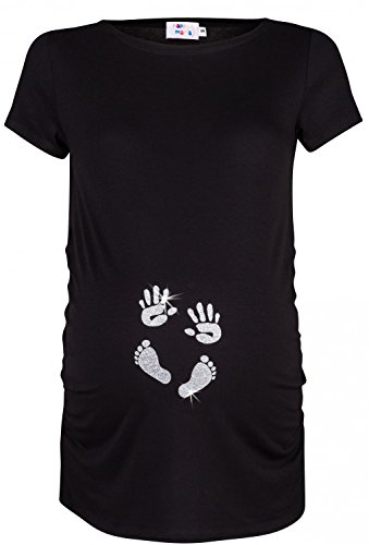 HAPPY MAMA. Damen Baby Hände Fußabdruck T-Shirt Top Oberteil Schwangere. 013p (Schwarz & Silber, EU 38/40, M) von HAPPY MAMA
