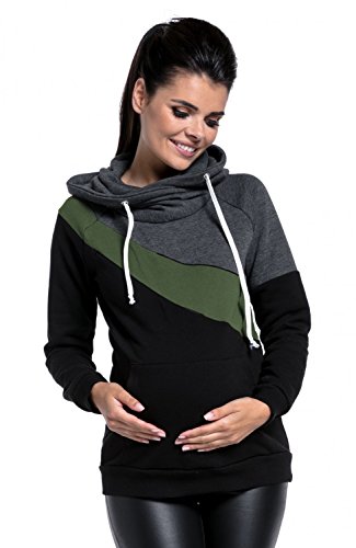 HAPPY MAMA. Damen Umstands Kapuzenpullover Stillzeit Lang Ärmel Farbblock. 321p (Graphit-Melange & Olive & Schwarz, 44, 2XL) von HAPPY MAMA