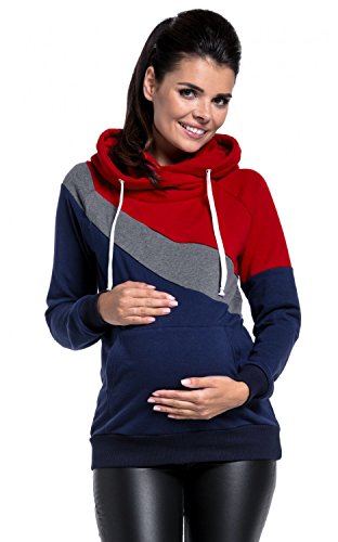 HAPPY MAMA. Damen Umstands Kapuzenpullover Stillzeit Lang Ärmel Farbblock. 321p (Rot & Graphit Melange & Marine, 36, S) von HAPPY MAMA