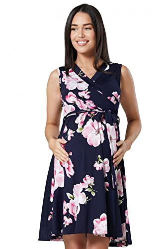 HAPPY MAMA. Damen Umstands Stillkleid Lagendesign V-Ausschnitt Empire-Taille. 078p (Marine mit rosa Blumen, 42, XL) von HAPPY MAMA