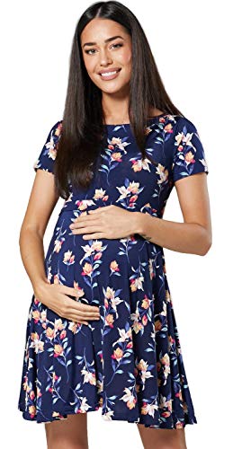 HAPPY MAMA. Damen Umstands Stillkleid Midi Schaukel Kleid Kurzarm.084p (Marine & Kleiner Blumendruck, 40, L) von HAPPY MAMA