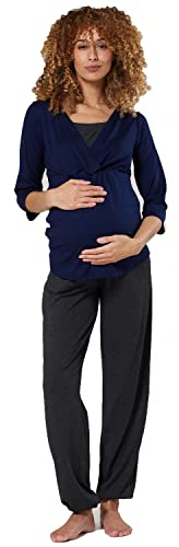 HAPPY MAMA. Damen Umstandspyjama Stillfunktion Stillschlafanzug 3/4 Ärmeln. 060p (Marine & Graphit Melange, 42, XL) von HAPPY MAMA