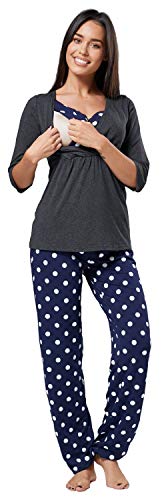 HAPPY MAMA. Damen Umstandspyjama Stillfunktion Stillschlafanzug 3/4 Ärmeln. 060p (Marinenblau mit Punkten, 38, M) von HAPPY MAMA