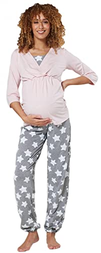 HAPPY MAMA. Damen Umstandspyjama Stillfunktion Stillschlafanzug 3/4 Ärmeln. 060p (Puderrosa & Graue Melange mit Sternen, 40, L) von HAPPY MAMA