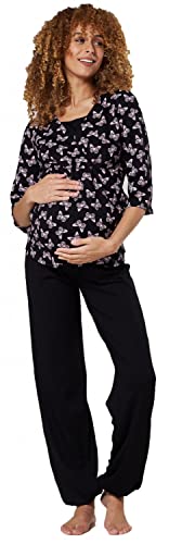 HAPPY MAMA. Damen Umstandspyjama Stillfunktion Stillschlafanzug 3/4 Ärmeln. 060p (Schwarz mit Schmetterlingen, 44, 2XL) von HAPPY MAMA