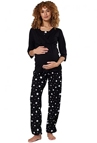 HAPPY MAMA. Damen Umstandspyjama Stillfunktion Stillschlafanzug 3/4 Ärmeln. 060p (Schwarz & Schwarz mit Sternen, 44, 2XL) von HAPPY MAMA