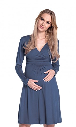 Happy Mama Damen Viskosejersey Umstandskleid Schwangerschafts Kleid Langarm 890p- Gr. EU 40 / (L), Blau Grau von HAPPY MAMA