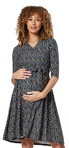 Happy Mama.Damen 2in1 Umstands gerafften Stillkleid Doppelschicht 3/4 Ärmel.609p (Marinenblau mit Kleinen Gelben Blumen, 42, XL) von HAPPY MAMA