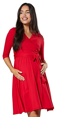 Happy Mama.Damen 2in1 Umstands gerafften Stillkleid Doppelschicht 3/4 Ärmel.609p (Rot, 36, S) von HAPPY MAMA