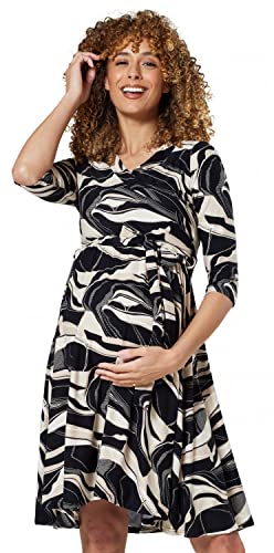 Happy Mama.Damen 2in1 Umstands gerafften Stillkleid Doppelschicht 3/4 Ärmel.609p (Schwarz & Abstrakter Druck, 44, 2XL) von HAPPY MAMA