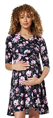 Happy Mama.Damen 2in1 Umstands gerafften Stillkleid Doppelschicht 3/4 Ärmel.609p (Schwarze und Rosa Blumen, 44, 2XL) von HAPPY MAMA