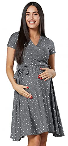 Happy Mama.Damen 2in1 Umstands gerafften Stillkleid Doppelschicht Kurzarm.598p (Graphitmelange mit weißen Punkten, 38, M) von HAPPY MAMA