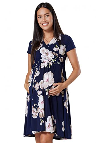 Happy Mama.Damen 2in1 Umstands gerafften Stillkleid Doppelschicht Kurzarm.598p (Marine mit großen beige Blumen, 36, S) von HAPPY MAMA