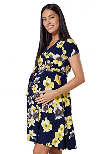 Happy Mama.Damen 2in1 Umstands gerafften Stillkleid Doppelschicht Kurzarm.598p (Marine mit großen gelben Blumen, 36, S) von HAPPY MAMA