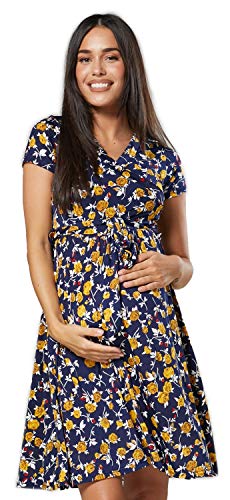 Happy Mama.Damen 2in1 Umstands gerafften Stillkleid Doppelschicht Kurzarm.598p (Marine mit kleinen gelben Rosen, 40, L) von HAPPY MAMA