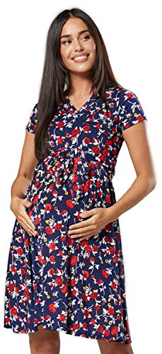 Happy Mama.Damen 2in1 Umstands gerafften Stillkleid Doppelschicht Kurzarm.598p (Marine mit kleinen roten Rosen, 36, S) von HAPPY MAMA