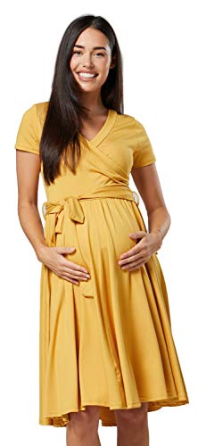 Happy Mama.Damen 2in1 Umstands gerafften Stillkleid Doppelschicht Kurzarm.598p (Mustard, 36, S) von HAPPY MAMA