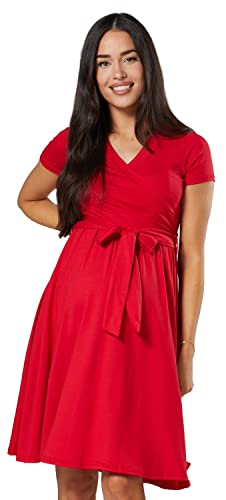 Happy Mama.Damen 2in1 Umstands gerafften Stillkleid Doppelschicht Kurzarm.598p (Rot, 38, M) von HAPPY MAMA