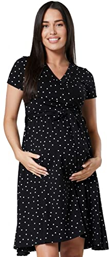 Happy Mama.Damen 2in1 Umstands gerafften Stillkleid Doppelschicht Kurzarm.598p (Schwarz mit kleinen weißen Punkten, 36, S) von HAPPY MAMA