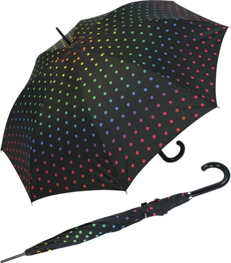 HAPPY RAIN Stockregenschirm großer Regenschirm mit Auf-Automatik für Damen, mit Regenbogen-farbenen Punkten auf Schwarz von HAPPY RAIN