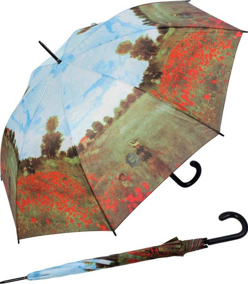 HAPPY RAIN Stockregenschirm großer Regenschirm mit Künstlermotiv für Damen, Motiv Monet Mohnblumenfeld von HAPPY RAIN
