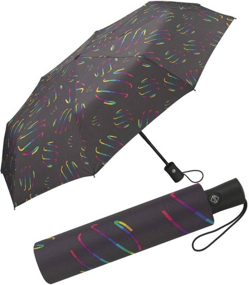 HAPPY RAIN Taschenregenschirm schöner Damen-Regenschirm mit Auf-Zu-Automatik, verspielte Regenbogen-Wirbel auf dunklem Grund von HAPPY RAIN