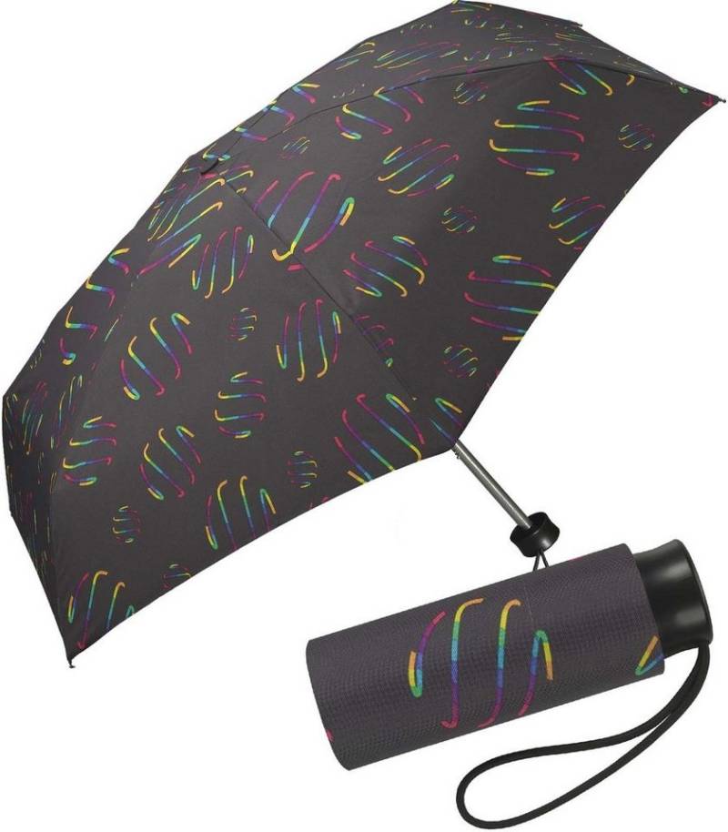 HAPPY RAIN Taschenregenschirm winziger Damen-Taschenschirm mit Handöffner, verspielte Regenbogen-Wirbel auf dunklem Grund von HAPPY RAIN