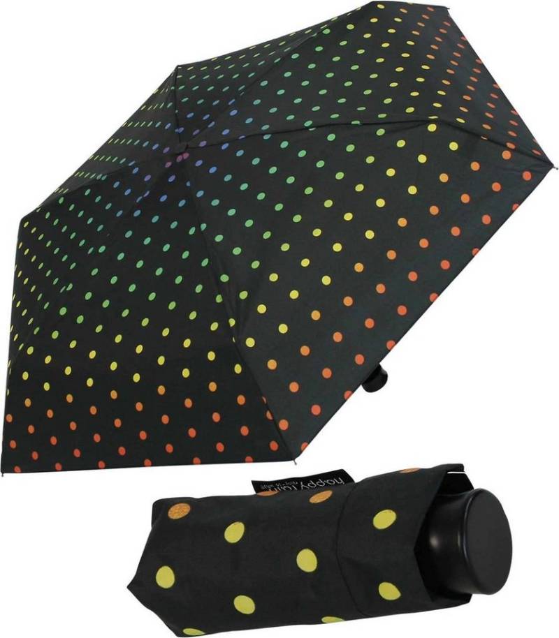 HAPPY RAIN Taschenregenschirm winziger Regenschirm mit Handöffner für Damen, mit Regenbogen-farbenen Punkten auf Schwarz von HAPPY RAIN