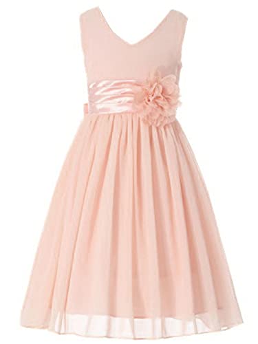 HAPPY ROSE Junior Damenkinderkleid mit V-Ausschnitt und Chiffonblumenkleid für Blumenmädchen Heller Pfirsich 12_Jahre von HAPPY ROSE