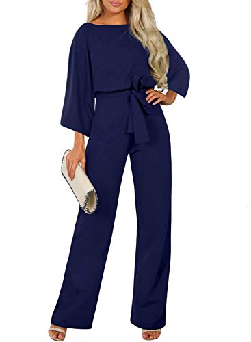 HAPPY SAILED Damen Langarm O-Ausschnitt Elegant Lang Jumpsuit Overall Hosenanzug Playsuit Romper Blau,XXXL von HAPPY SAILED