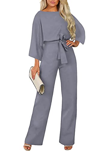 HAPPY SAILED Damen Langarm O-Ausschnitt Elegant Lang Jumpsuit Overall Hosenanzug Playsuit Romper Grau,L von HAPPY SAILED