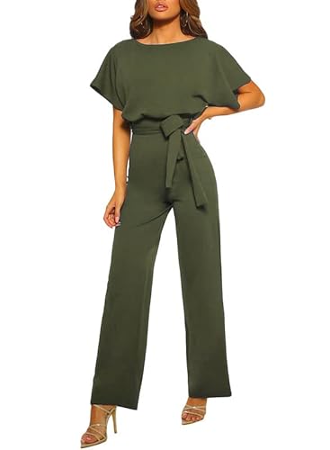 HAPPY SAILED Damen Langarm O-Ausschnitt Elegant Lang Jumpsuit Overall Hosenanzug Playsuit Romper Grün, M von HAPPY SAILED