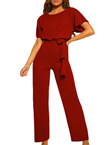 HAPPY SAILED Damen Langarm O-Ausschnitt Elegant Lang Jumpsuit Overall Hosenanzug Playsuit Romper Rot,XL von HAPPY SAILED