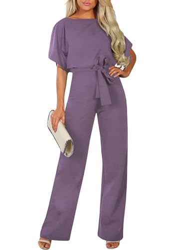 HAPPY SAILED Damen Langarm O-Ausschnitt Elegant Lang Jumpsuit Overall Hosenanzug Playsuit Romper Lila, M von HAPPY SAILED