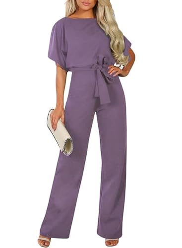 HAPPY SAILED Damen Langarm O-Ausschnitt Elegant Lang Jumpsuit Overall Hosenanzug Playsuit Romper Lila, XXL von HAPPY SAILED