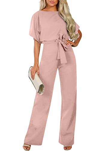 HAPPY SAILED Damen Langarm O-Ausschnitt Elegant Lang Jumpsuit Overall Hosenanzug Playsuit Romper Pink, M von HAPPY SAILED